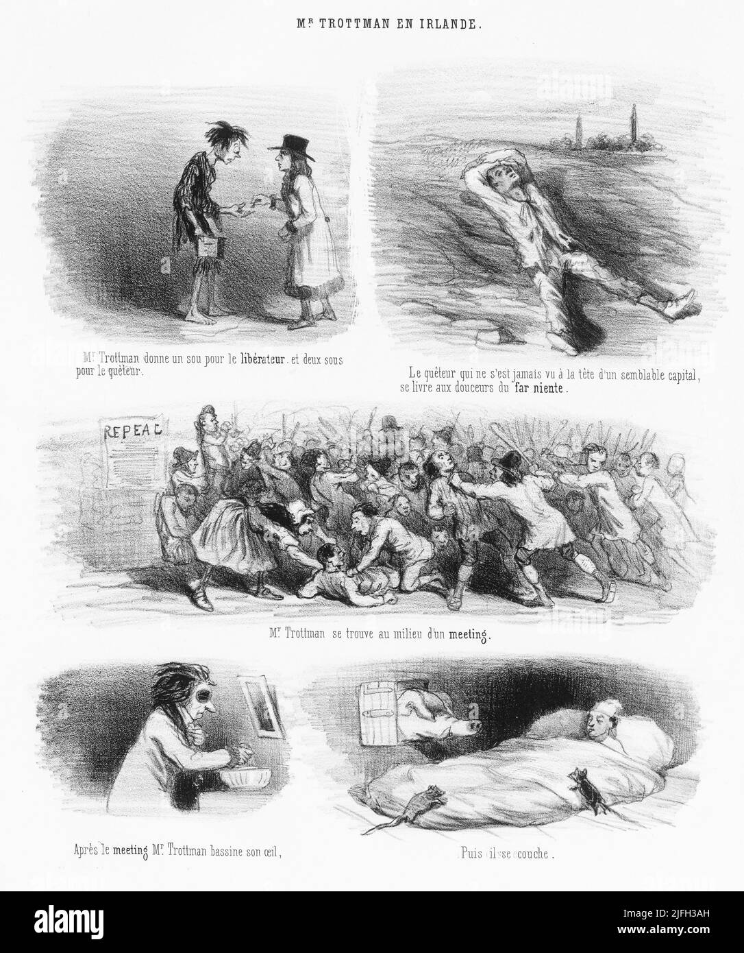 Un fumetto francese di Charles Amédée de Noé, noto come Cham (1818-1879), un caricaturista e litografo francese, intitolato MR. Trottman in Irlanda. Foto Stock