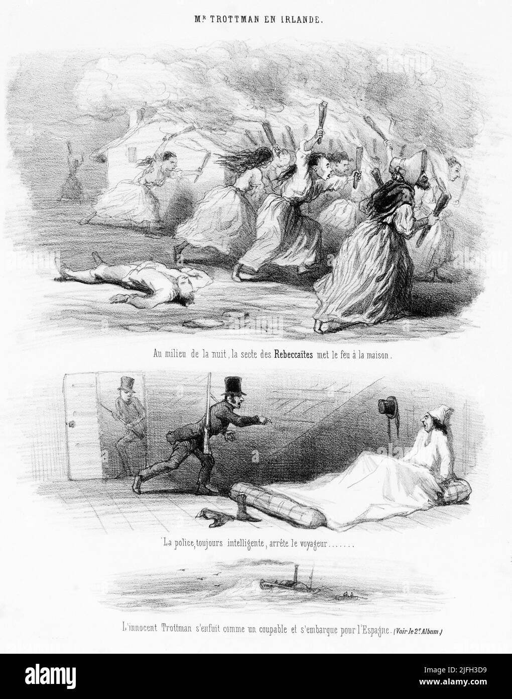 Un fumetto francese di Cham (Amédée Charles de Noé) di vita in Irlanda il signor Trottman in Irlanda. Un fumetto francese di Charles Amédée de Noé, noto come Cham (1818-1879), un caricaturista e litografo francese, intitolato MR. Trottman in Irlanda. L'immagine in alto mostra le 'rivolte Rebecca' che si sono svolte tra il 1839 e il 1843 nel Galles occidentale e centrale. Sono state una serie di proteste intraprese dagli agricoltori locali e dai lavoratori agricoli in risposta ai livelli di tassazione. Foto Stock