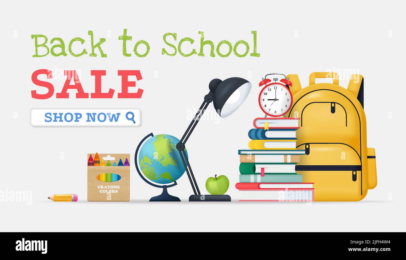 Banner di vendita Back to School. Illustrazione vettoriale realistica, forniture scolastiche, accessori Illustrazione Vettoriale