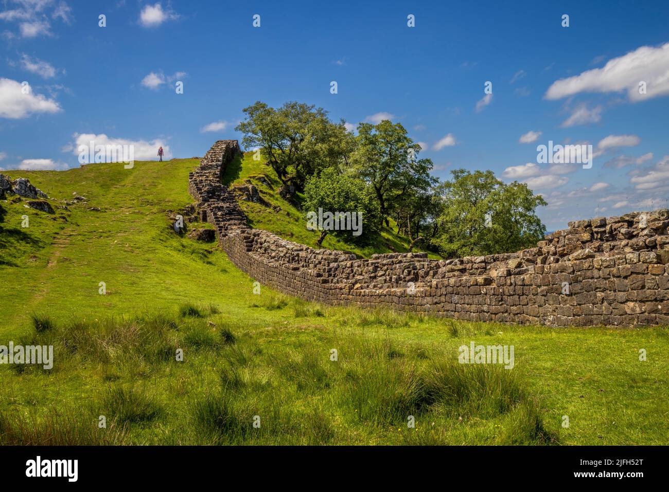 Ad ovest lungo il Muro di Adriano a Walltown Crags, Northumberland, Inghilterra Foto Stock
