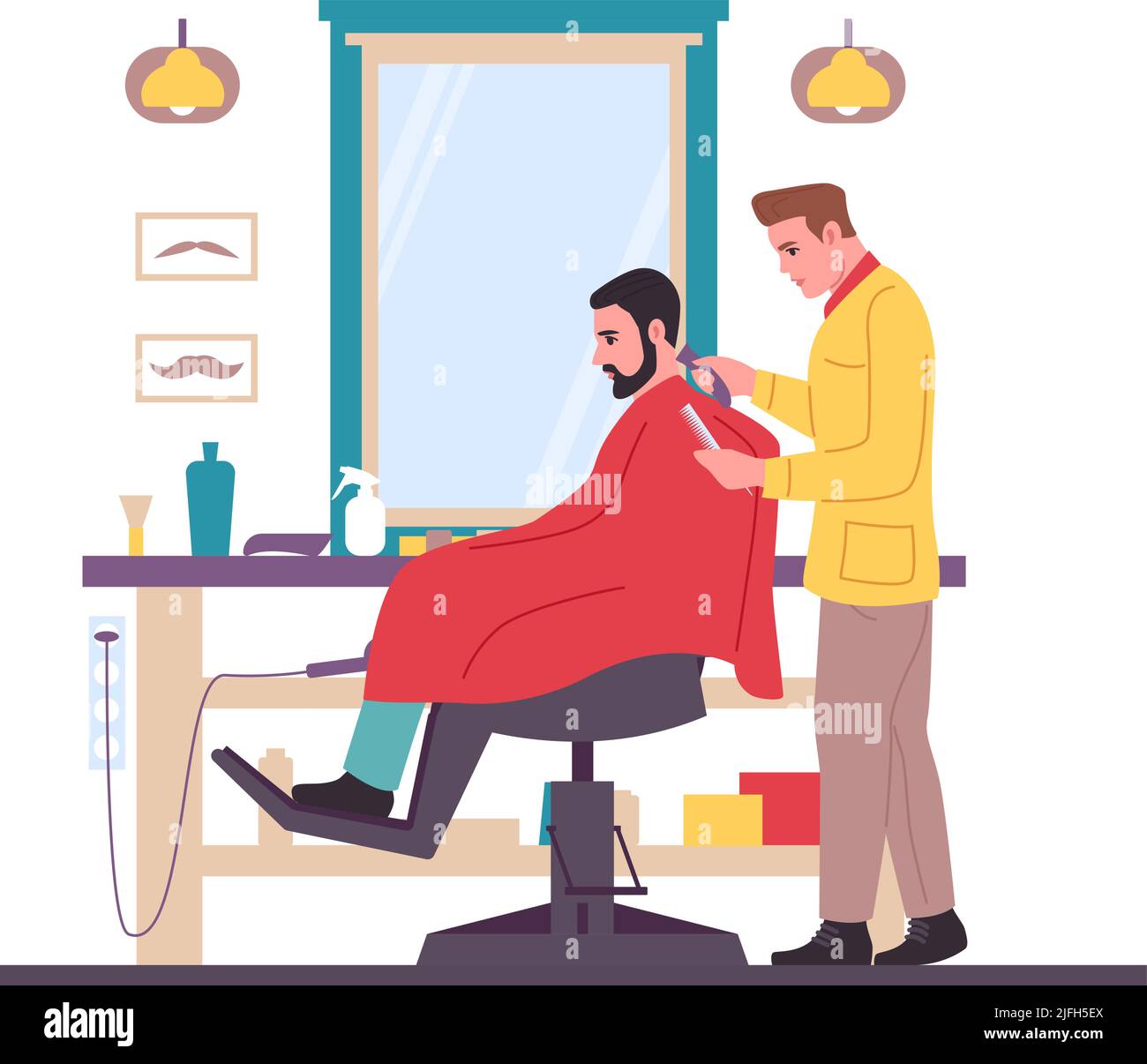 Barbieri con uomini clienti. I parrucchieri danno i capelli. Shampoo e taglio. Rifinitura in salone professionale maschile. Capelli stylist rasatura capelli a. Illustrazione Vettoriale