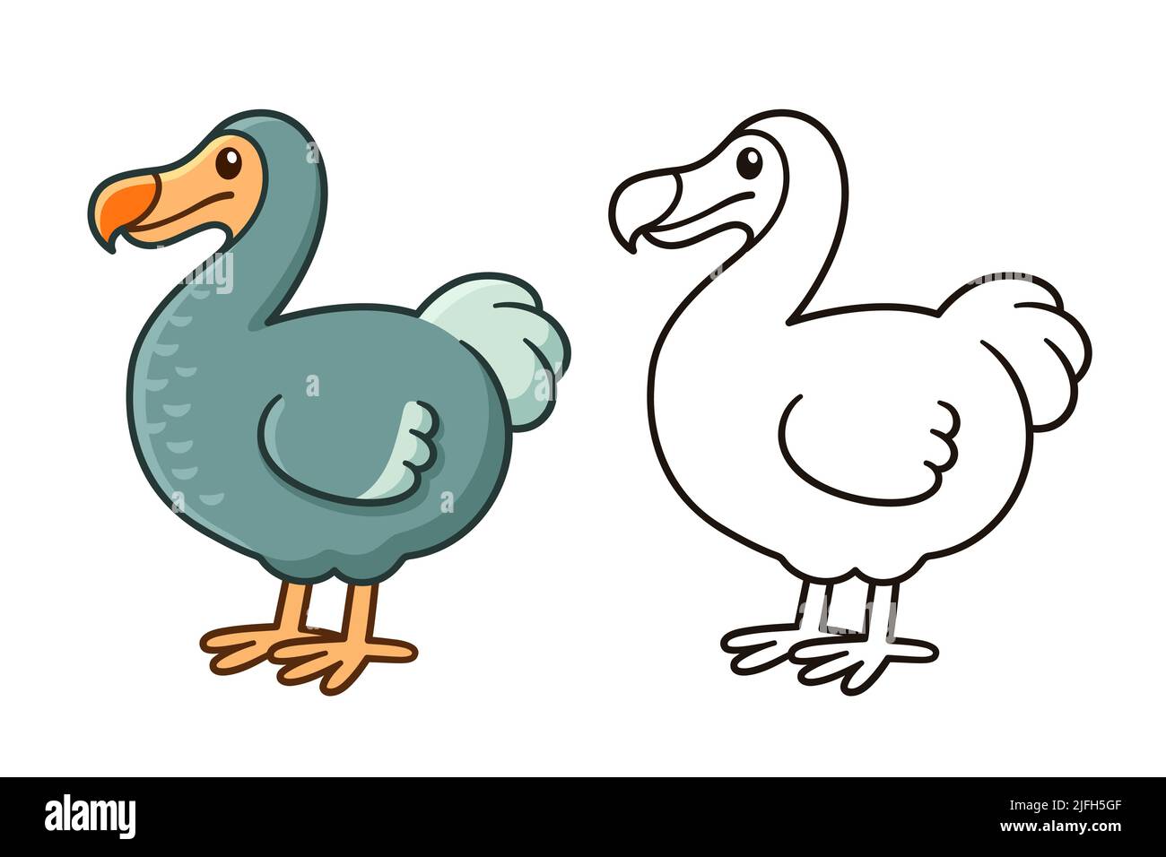 Carino disegno di uccello del dodo del cartone animato. Colore e contorno bianco e nero per la colorazione. Divertente illustrazione di clip vettoriale. Illustrazione Vettoriale