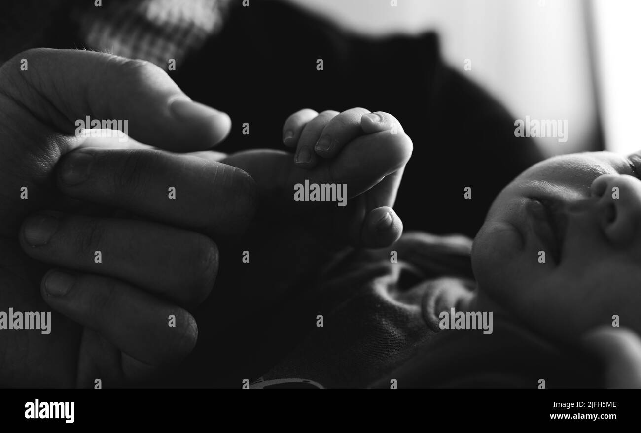 Il bambino tiene il dito dei genitori in mano. Foto silhouette bianca nera. Studio sfondo nero. Ricordi di famiglia incantevoli. Foto di alta qualità Foto Stock
