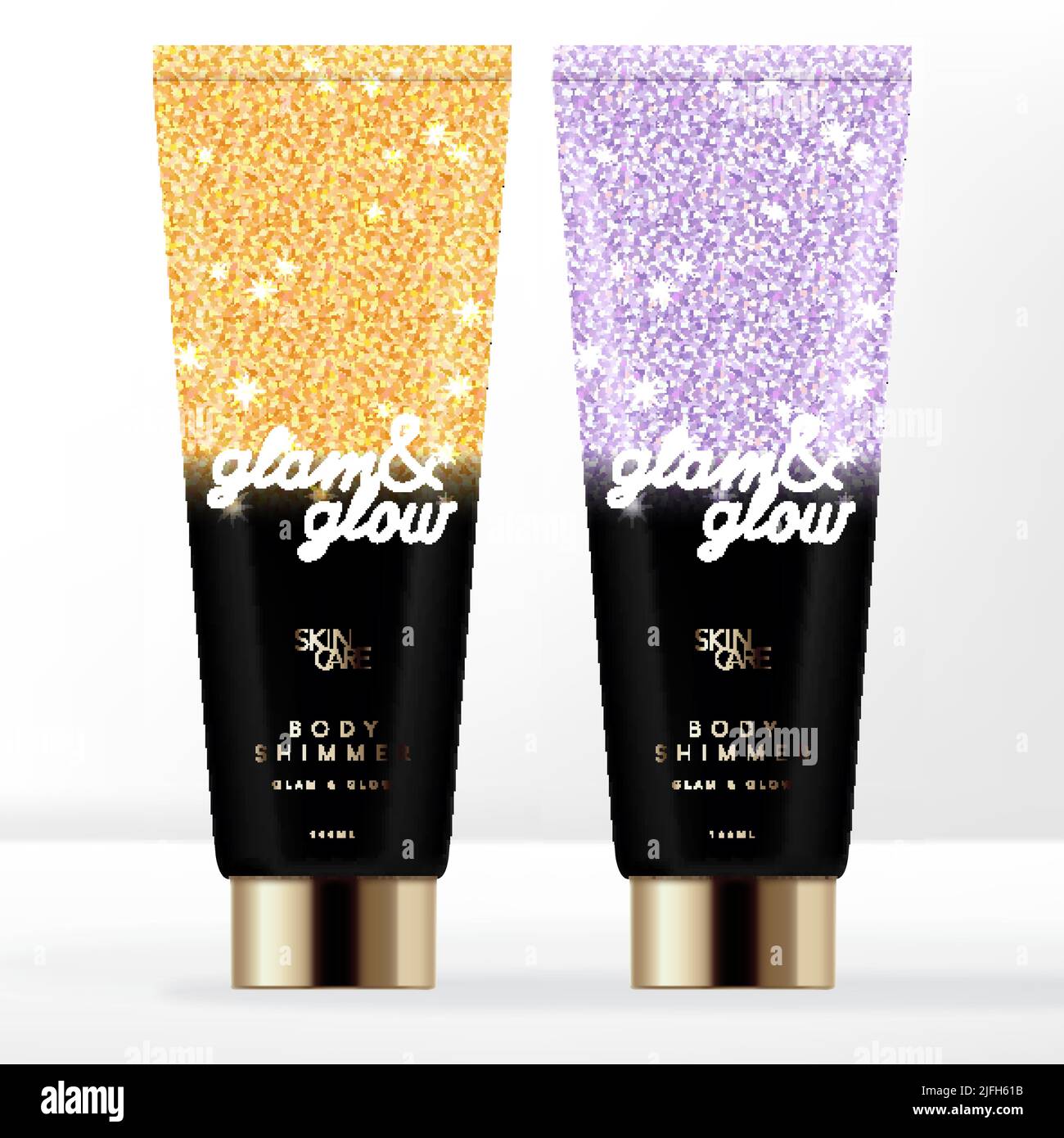 Prodotti da bagno vettoriali o Beauty Tube Packaging con stampa Gladient & Shiny Glitters. Tappo in oro. Illustrazione Vettoriale