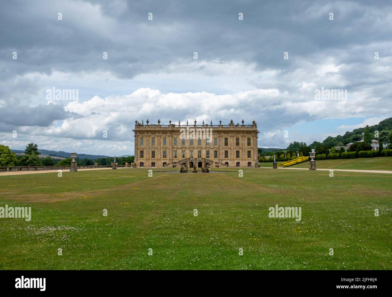 Chatsworth House, Derbyshire Inghilterra. Sede del Duca e della Duchessa del Devonshire. Casa storica e giardini Foto Stock