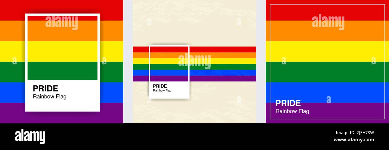 Collezione di poster d'arte Pride Rainbow Flag in palette di colori in formato quadrato. Per mese LGBTQ Pride e inclusività. Illustrazioni vettoriali. Illustrazione Vettoriale