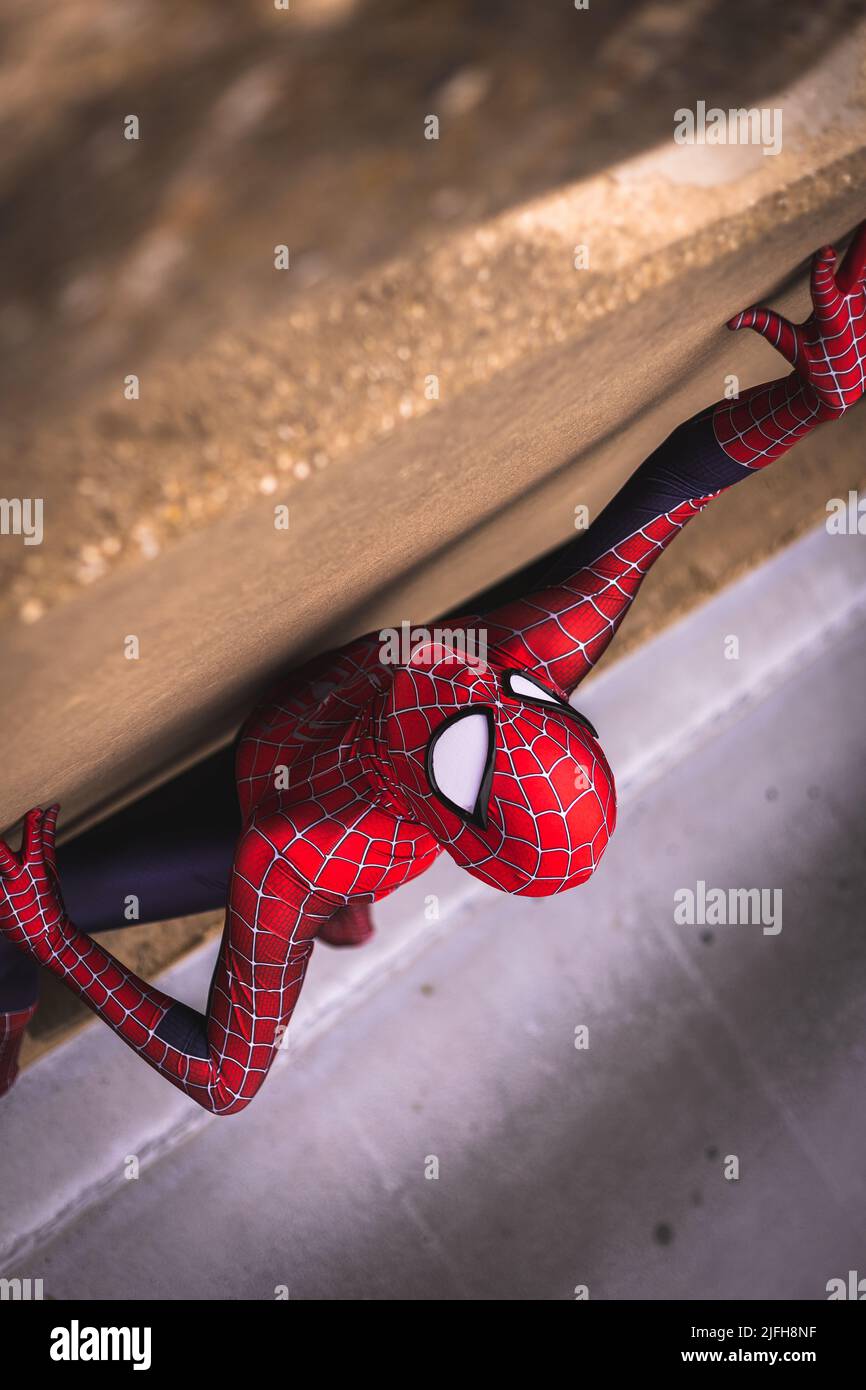 Primo piano della parete di arrampicata di Spider-Man Foto Stock