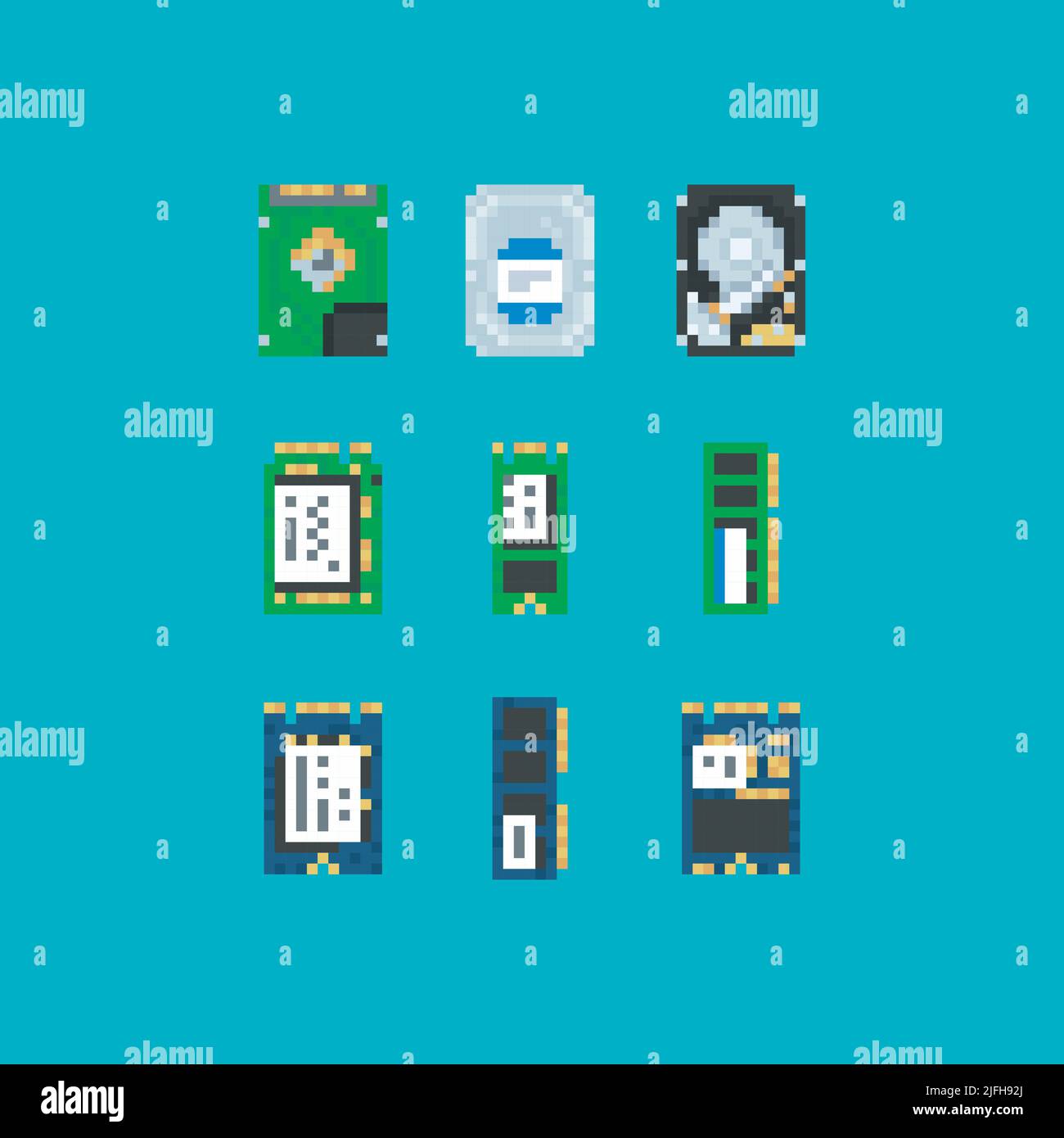 Set di icone pixel art per la tecnologia dell'informazione. Braccio robot. Cervello e cerebrum. Microcircuito dati e microchip di intelligenza artificiale. Vettore isolato Illustrazione Vettoriale