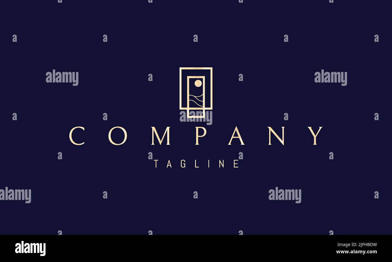 Logo Vector Golden su cui un'immagine astratta di un paesaggio marino in una porta aperta. Illustrazione Vettoriale