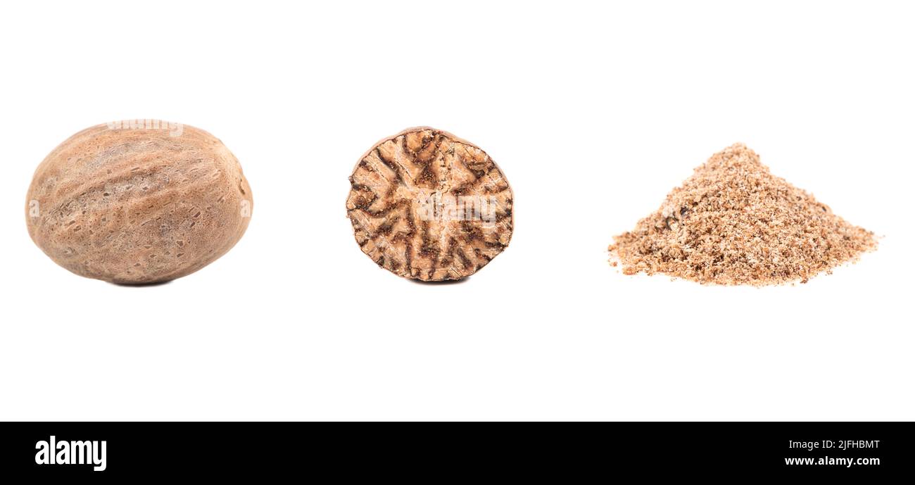 Noce moscata isolato su sfondo bianco, set Foto Stock