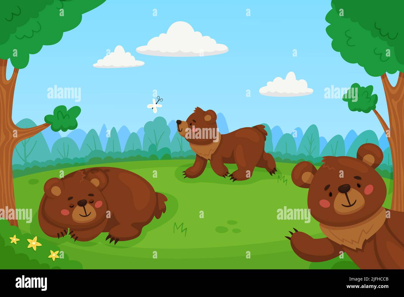 Cartoon orsi bruni in foresta. Divertenti mammiferi nella radura del bosco, wilde natura personaggi, grande grotta grizzly, animali selvatici a piedi, bambini sfondo Illustrazione Vettoriale