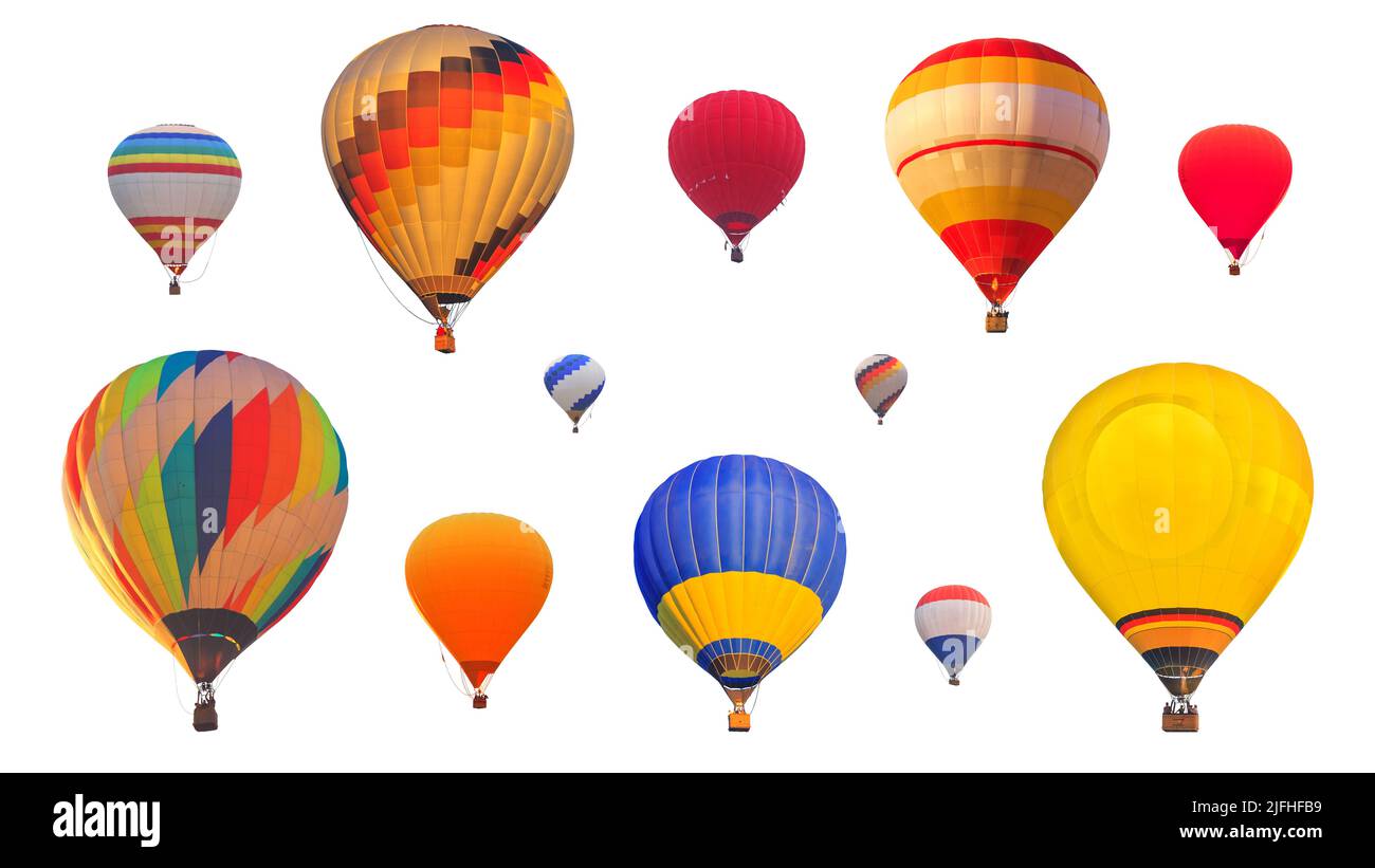 Set di palloncini colorati ad aria calda isolati su sfondo bianco Foto Stock