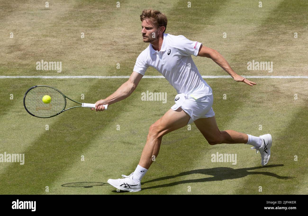 Londra, Regno Unito. 03rd luglio 2022. Il belga David Goffin si è mostrato in azione durante una partita di tennis contro gli Stati Uniti Tiafoe nel quarto round del torneo maschile di tennis singolo al torneo di tennis Wimbledon Grand slam del 2022 all'All England Tennis Club, nel sud-ovest di Londra, in Gran Bretagna, domenica 03 luglio 2022. BELGA PHOTO BENOIT DOPPAGNE Credit: Belga News Agency/Alamy Live News Foto Stock