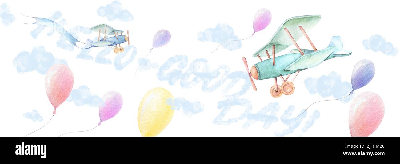Ciao bambino buon giorno banner. Aeroplani, palloncini colorati volano in cielo. Nuvole blu. Sfondo bianco. Bambino doccia ragazzo. Acquerello. Arte muraria della stanza dei bambini Foto Stock