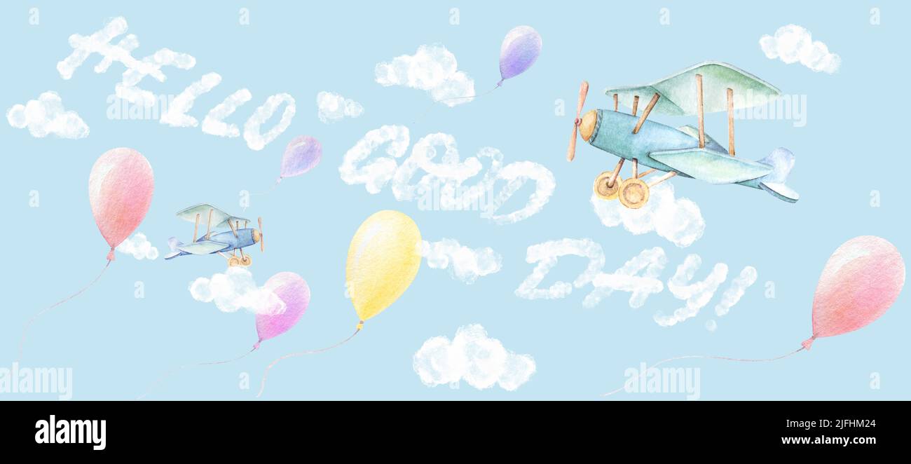 Ciao Buon giorno. Aeroplani, palloncini colorati volano in cielo. Nuvole bianche sfondo blu. Bambino doccia ragazzo. Muro di vivaio arte composizione prefatta Foto Stock