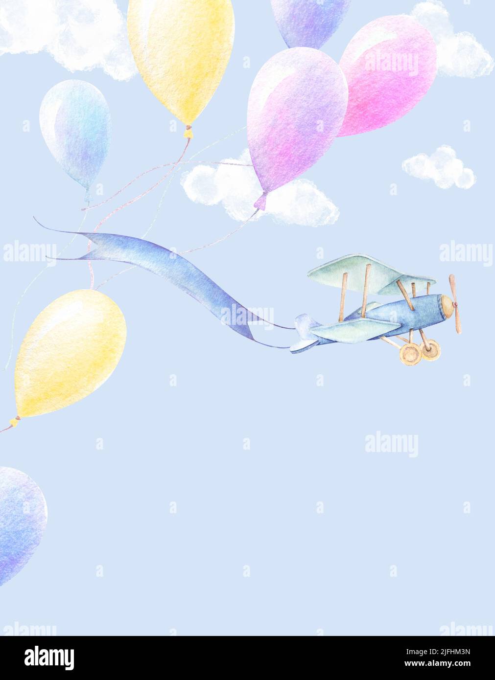 Poster dell'avventura del bambino. Volo aereo con nastro, palloncini colorati volano in cielo. Nuvole bianche sfondo blu. Bambino doccia tema ragazzo Foto Stock