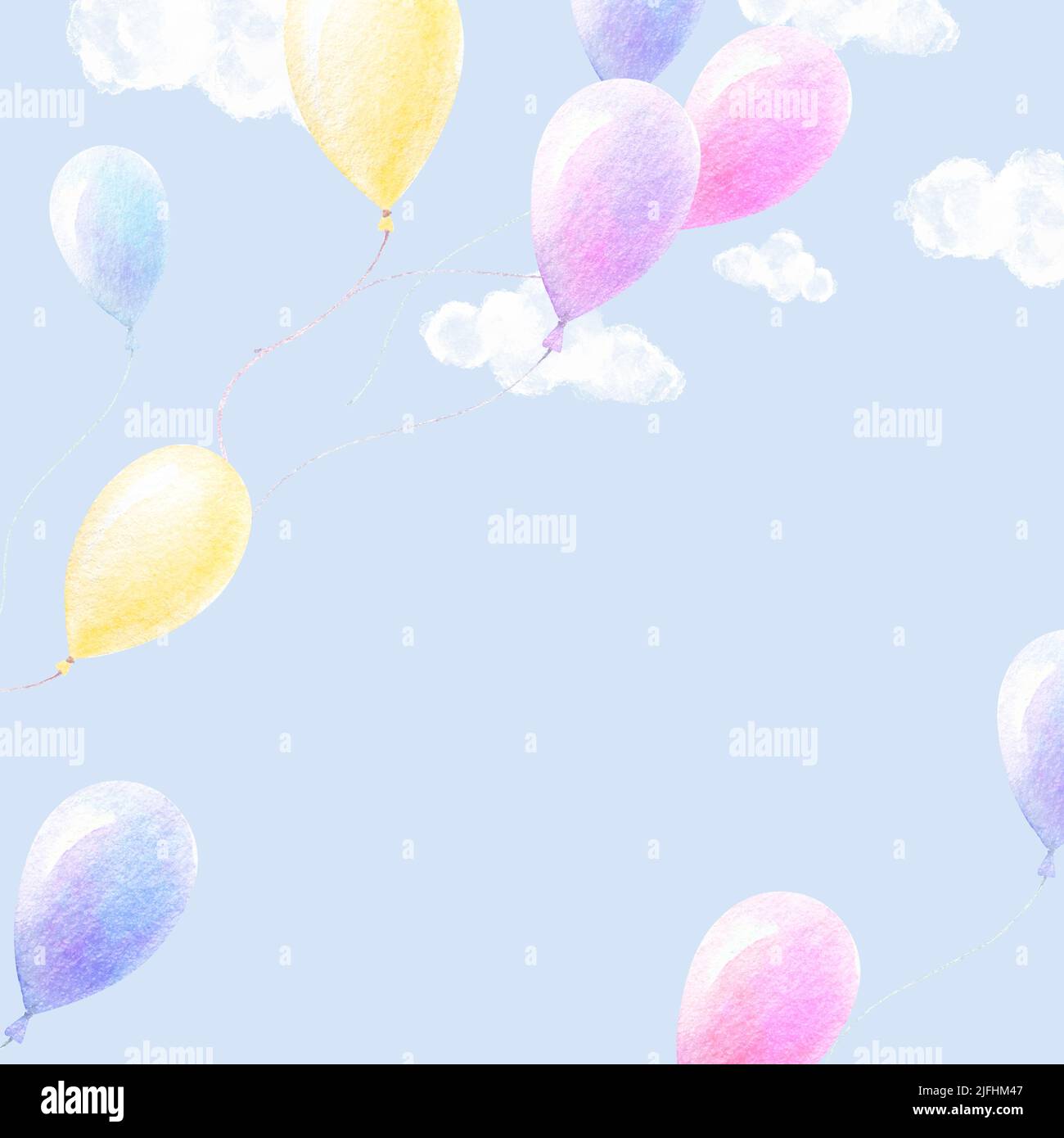 Palloncini colorati volano nel cielo. Nuvole bianche, sfondo blu. Bambino doccia tema ragazzo. Composizione prefabbricata. Qualità di stampa. Acquerello Foto Stock