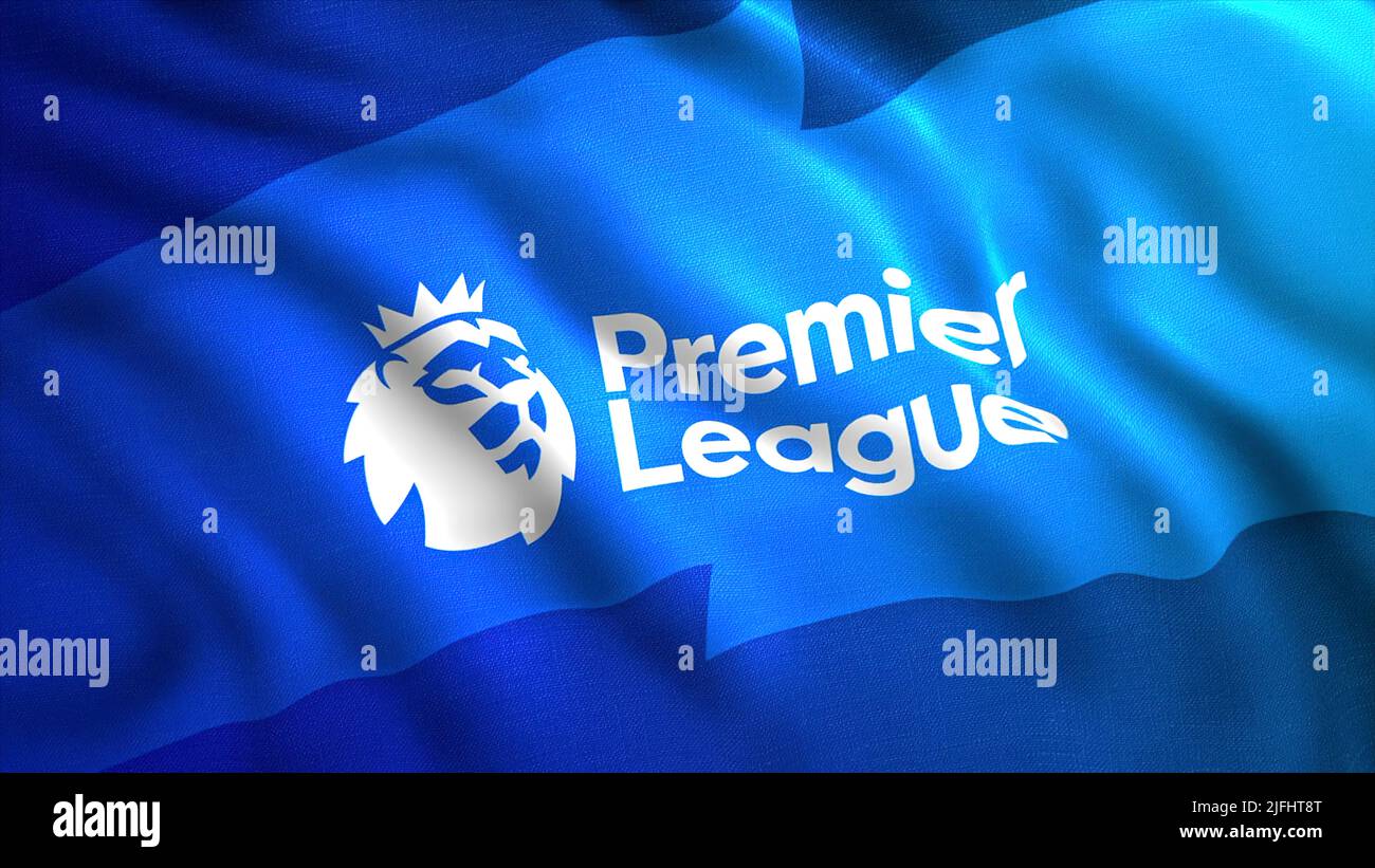 Il simbolo della Premier League su una tela blu.Motion.Un simbolo luminoso della Premier League inglese con un leone bianco.utilizzare solo per l'editoriale. Foto Stock