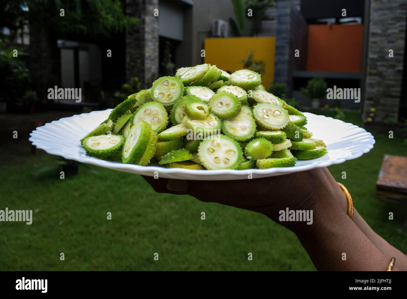 zucca, kantola, spinigola, zucca, tipi di zucca, varietà, vegetali indiani, vegetali, verdure verdi, tagli, tritato, affettato, indiano, asi Foto Stock