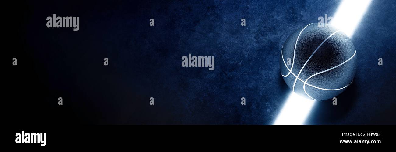 Palla da basket adagiato su una linea luminosa e brillante, modello di sfondo. Tema astratto delle attrezzature sportive. Foto Stock