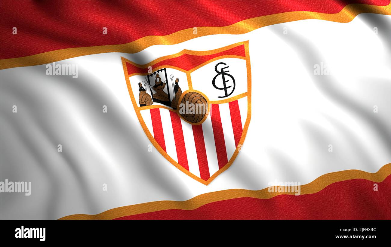 Bandiera a bandiera con logo della squadra di calcio di Siviglia, primo piano. Movimento. Bandiera a rippling a 3D colori con logotipo. Solo per uso editoriale. Foto Stock