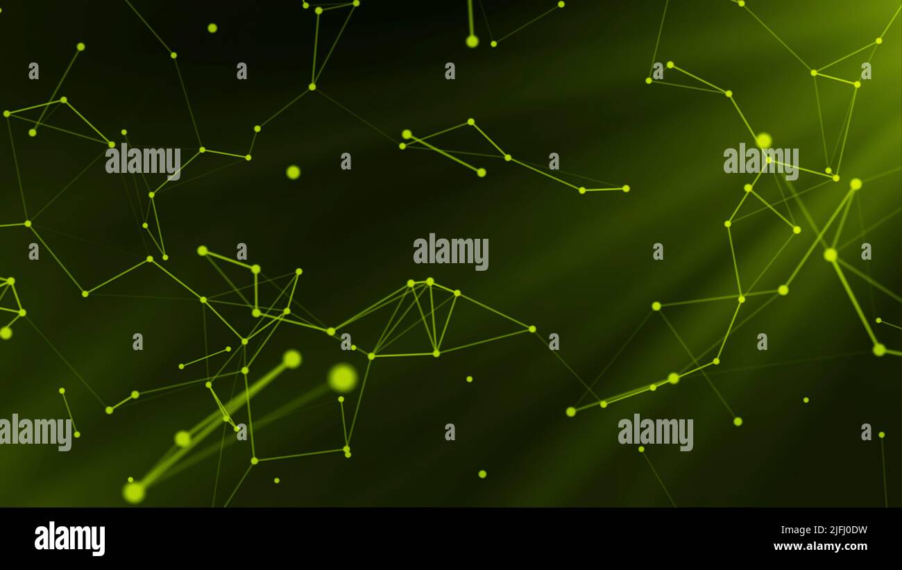 Plesso di linee geometriche astratte al neon con triangoli e punti mobili. Movimento. 3D sfondo scientifico colorato. Foto Stock