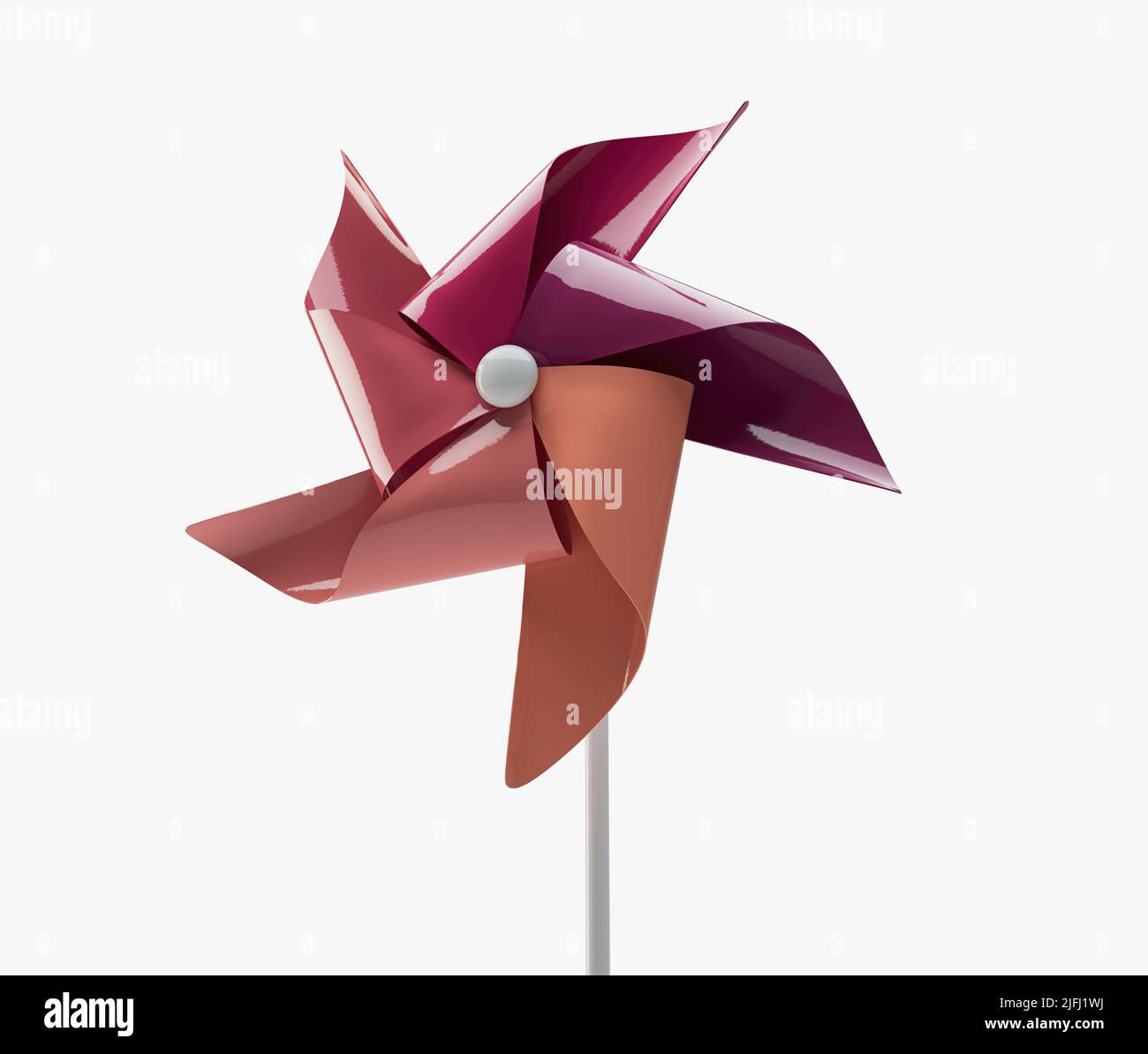 Un mulino a vento con ruota a spillo giocattolo regolare con palette di plastica colorate su un bastone su uno sfondo isolato - 3D rendering Foto Stock