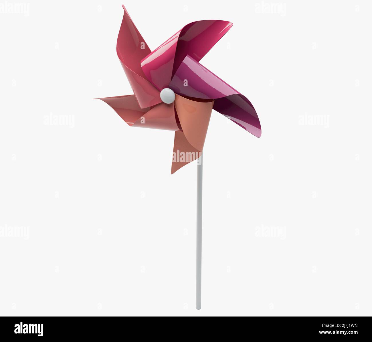 Un mulino a vento con ruota a spillo giocattolo regolare con palette di plastica colorate su un bastone su uno sfondo isolato - 3D rendering Foto Stock