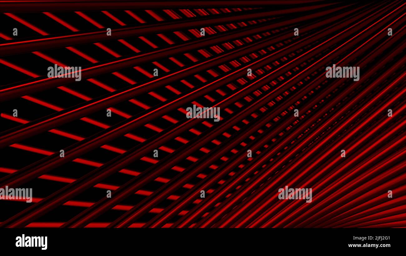 3D strisce di metallo rosso incrociate che scorrono su sfondo nero. Movimento. Illusione ottica con materiale di griglia metallica. Foto Stock