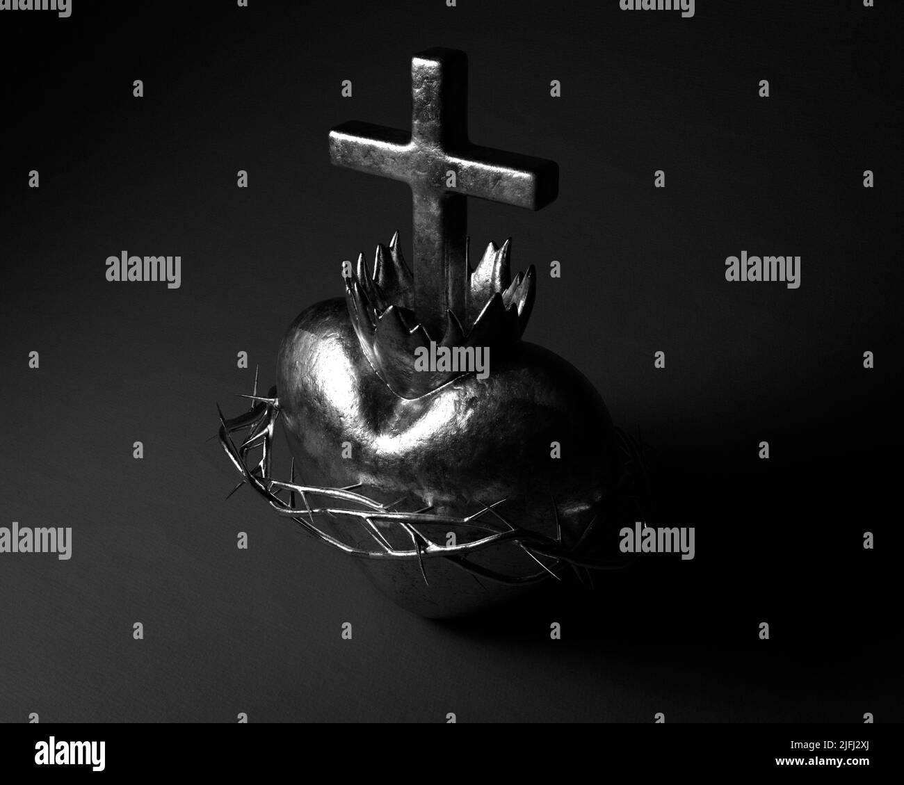 Una fusione d'argento del sacro cuore di gesù su uno sfondo scuro studio - 3D resa Foto Stock