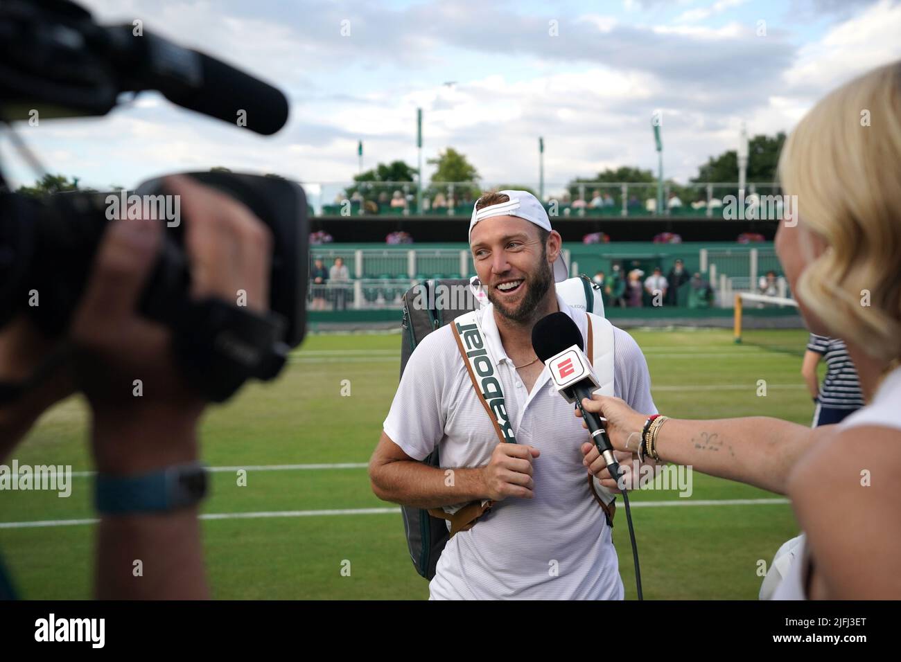 Il calzino Jack degli Stati Uniti dopo la sua partita doppia mista con Coco Gauff contro Nicolas Mahut della Francia e Shuai Zhang della Cina durante il giorno sette dei campionati di Wimbledon 2022 all'All England Lawn Tennis and Croquet Club, Wimbledon. Data foto: Domenica 3 luglio 2022. Foto Stock