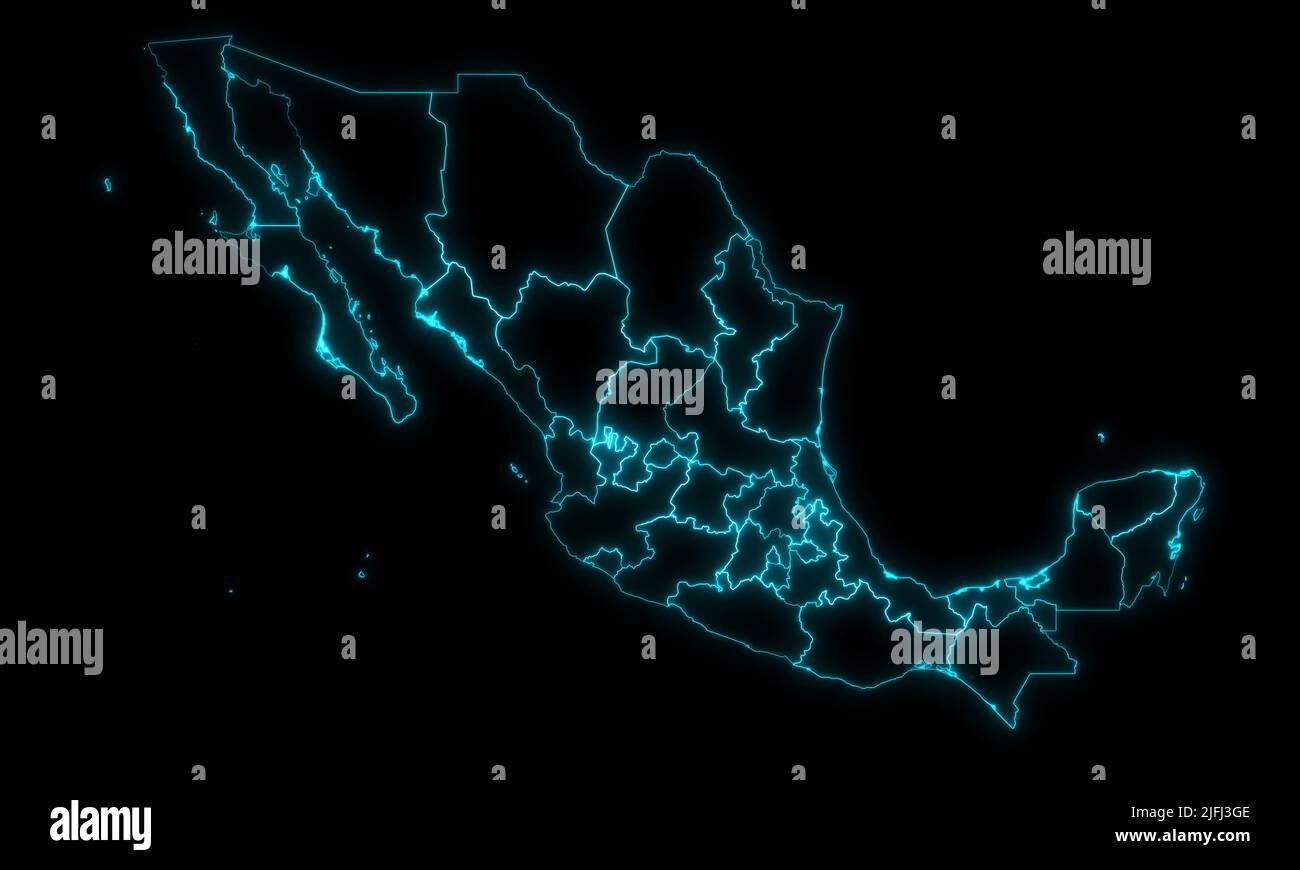 Profilo astratto della mappa del Messico con stati con regioni che si illuminano su sfondo nero Foto Stock