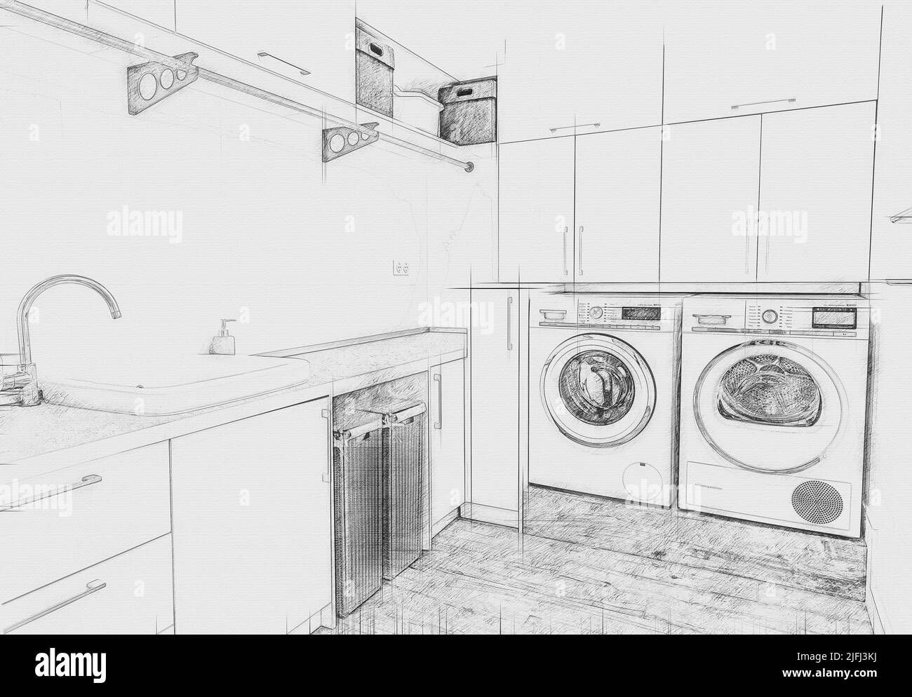 Lavanderia con lavatrice in casa moderna, disegno a mano a matita Foto Stock