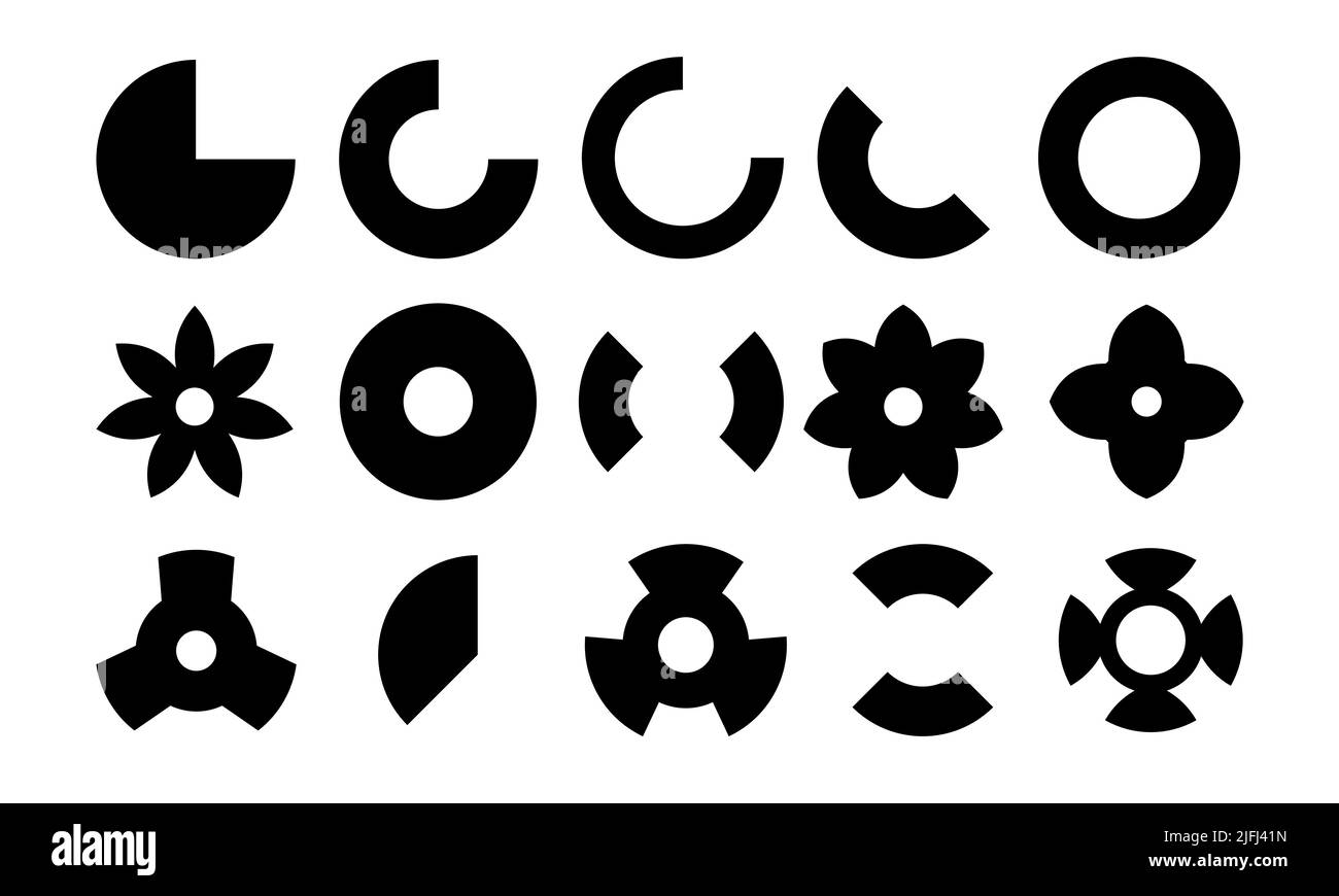 Forme e scarabocchi geometrici astratti. Forme semplici ed elementi geometrici di base. Curve e frammenti neri minimalisti Illustrazione Vettoriale