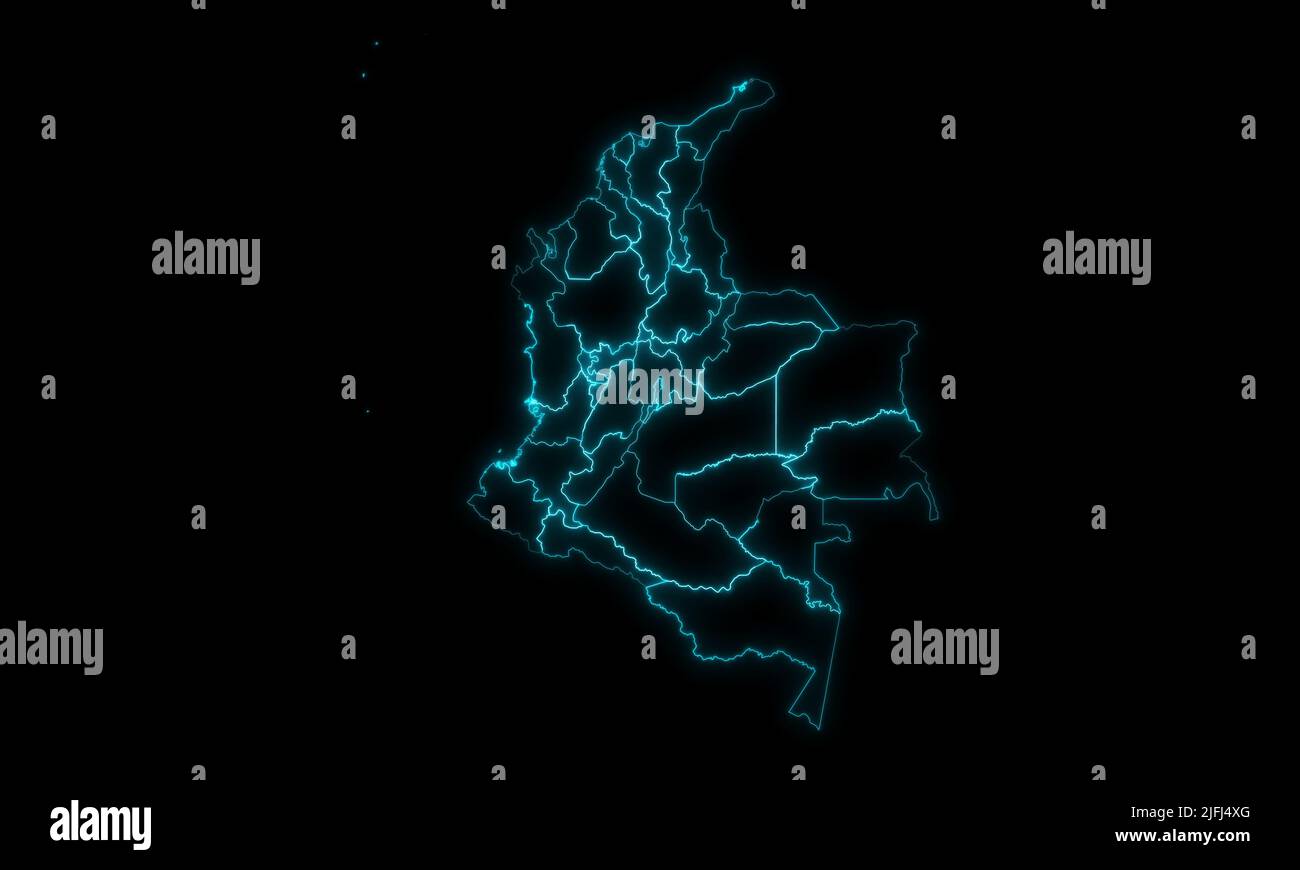 Mappa astratta del profilo della Colombia con i Dipartimenti con le regioni che illuminano il profilo su sfondo nero Foto Stock