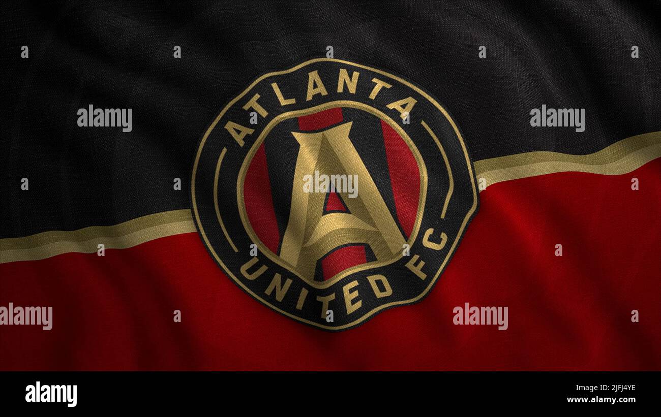 Atlanta United FC American club di calcio professionale che compete in Major League Soccer. Movimento. Logotipo astratto su una bandiera ondulata. Per editoriale Foto Stock