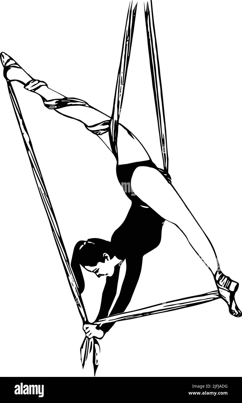 Schizzo di allenamento con ginnastica ad aria, che si svolge isolato su sfondo bianco studio. Esercizi di seta aerea. Illustrazione vettoriale Illustrazione Vettoriale