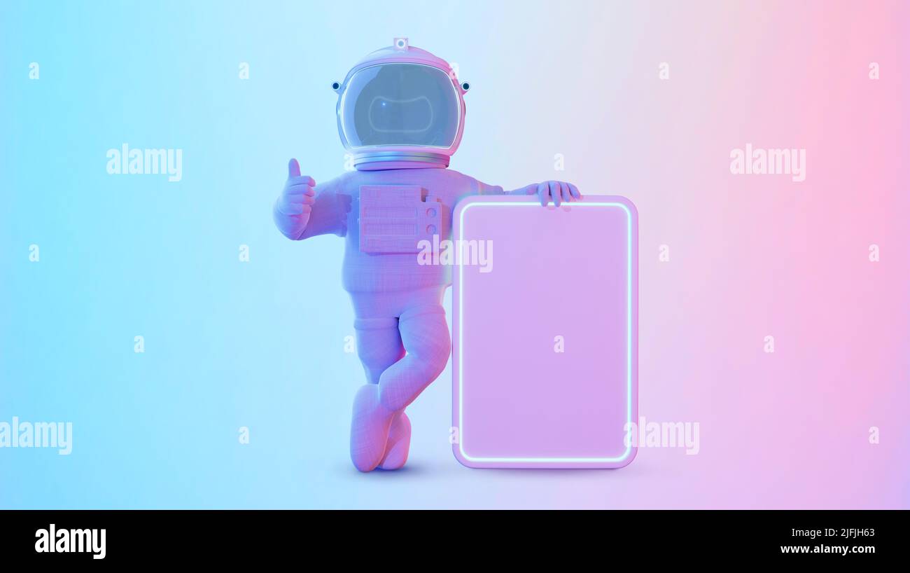 Astronauta in possesso di cartellone dicendo bene. Concetto pubblicitario creativo. 3D rendering Foto Stock