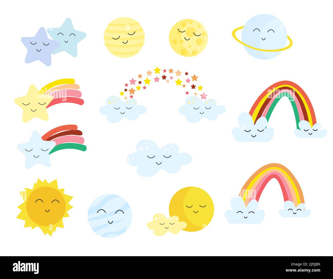 Collezione di cartoon kawaii elementi - arcobaleno, stelle e sole, pianeti, nuvole. Illustrazione Vettoriale