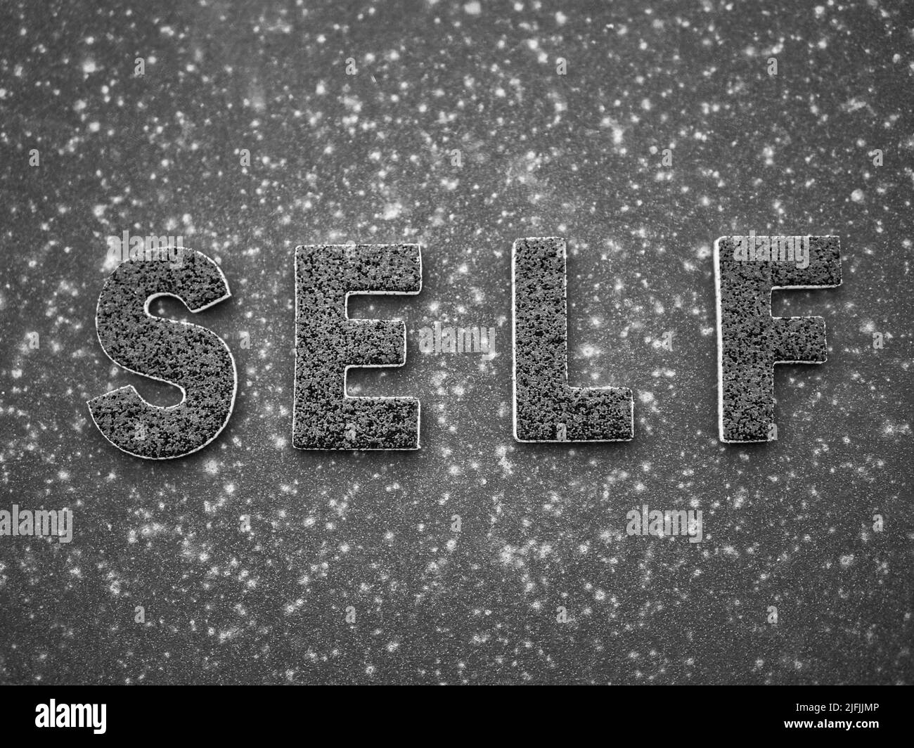 La parola 'Self' in lettere nere su una superficie metallica arrugginita nera. Foto Stock