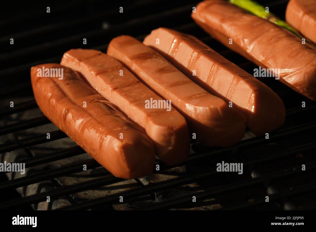 Una vista ravvicinata dei cuccioli di cani vegetariani grigliati su una griglia per barbecue. Foto Stock