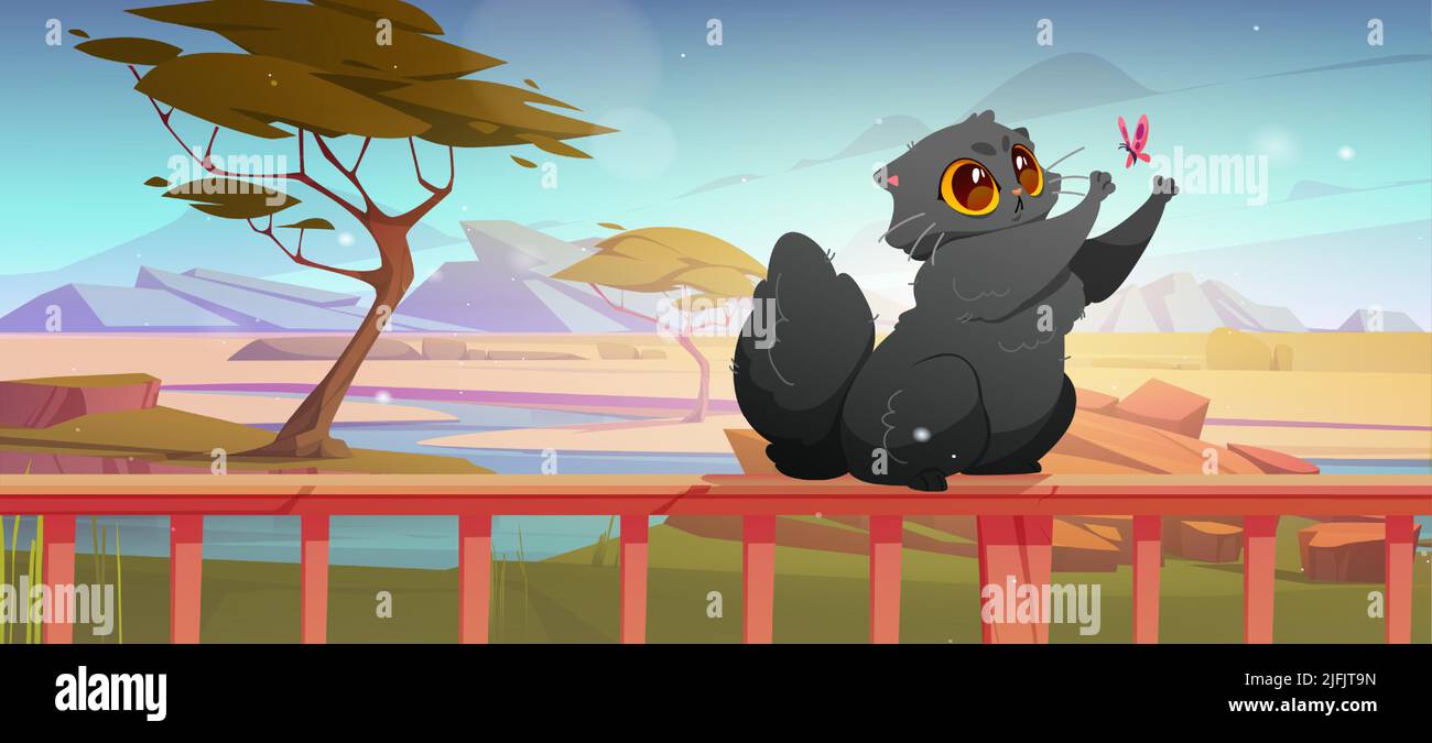 Carino gatto giocando con farfalla a casa terrazza seduta su ringhiere a bella vista di paesaggio savana con alberi, fiume e pianura. Cartoon kitten cattura insetti volanti, illustrazione vettoriale Illustrazione Vettoriale