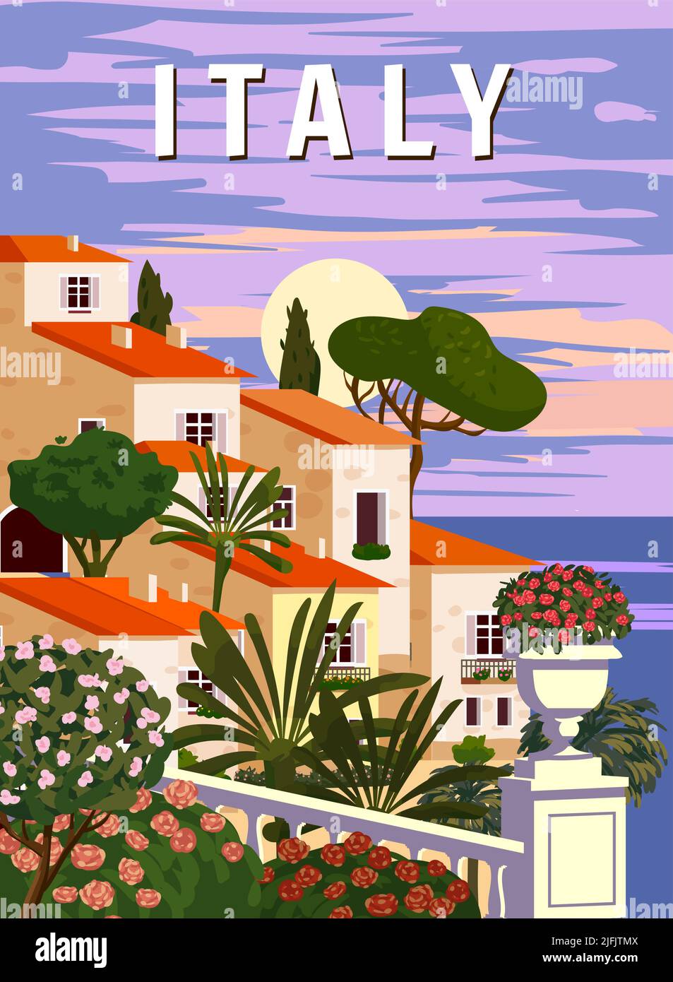 Retro Poster Italia, paesaggio romantico mediterraneo, montagne, città di mare, barca a vela, mare. Poster da viaggio retrò Illustrazione Vettoriale