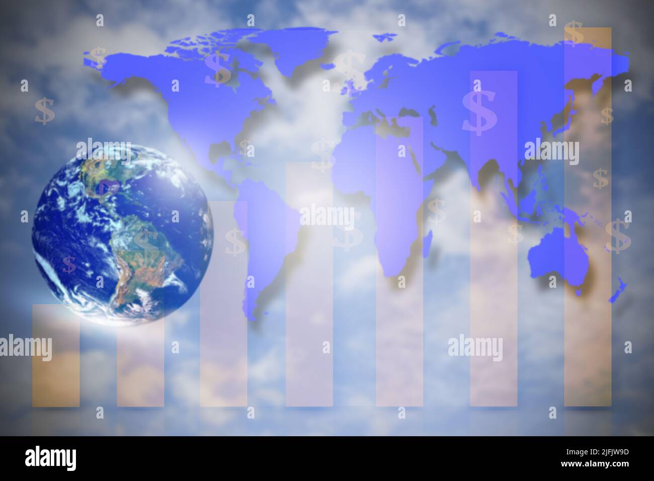 Tecnologia Blue Earth, background aziendale e di comunicazione. Globo bianco con mappa del mondo blu con grafico finanziario. Elementi di questa immagine forniti Foto Stock