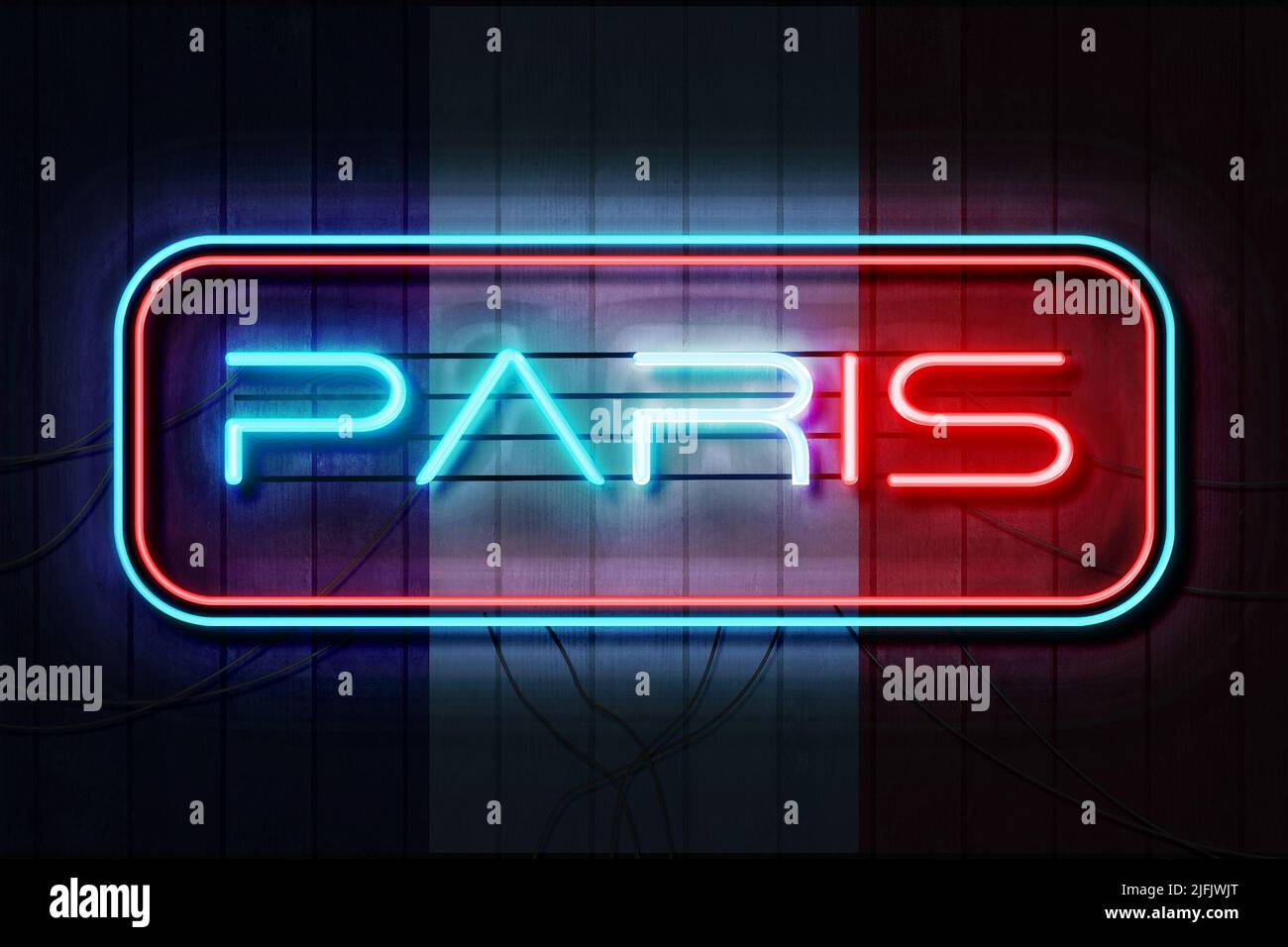 Cartello al neon di Parigi su un'illustrazione del muro di legno scuro del 3D con sfondo bandiera francese. Foto Stock