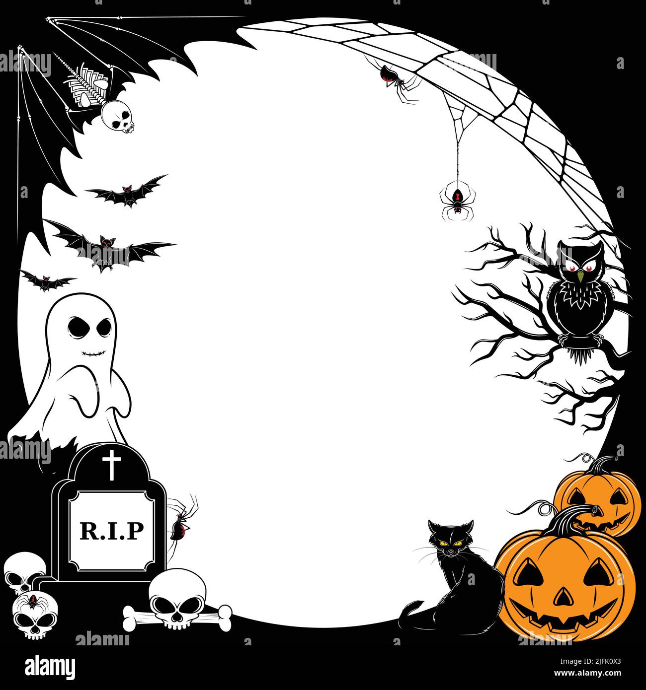 Telaio vettoriale per con elementi caratteristici di Halloween con pipistrelli, ragni e teschi Illustrazione Vettoriale