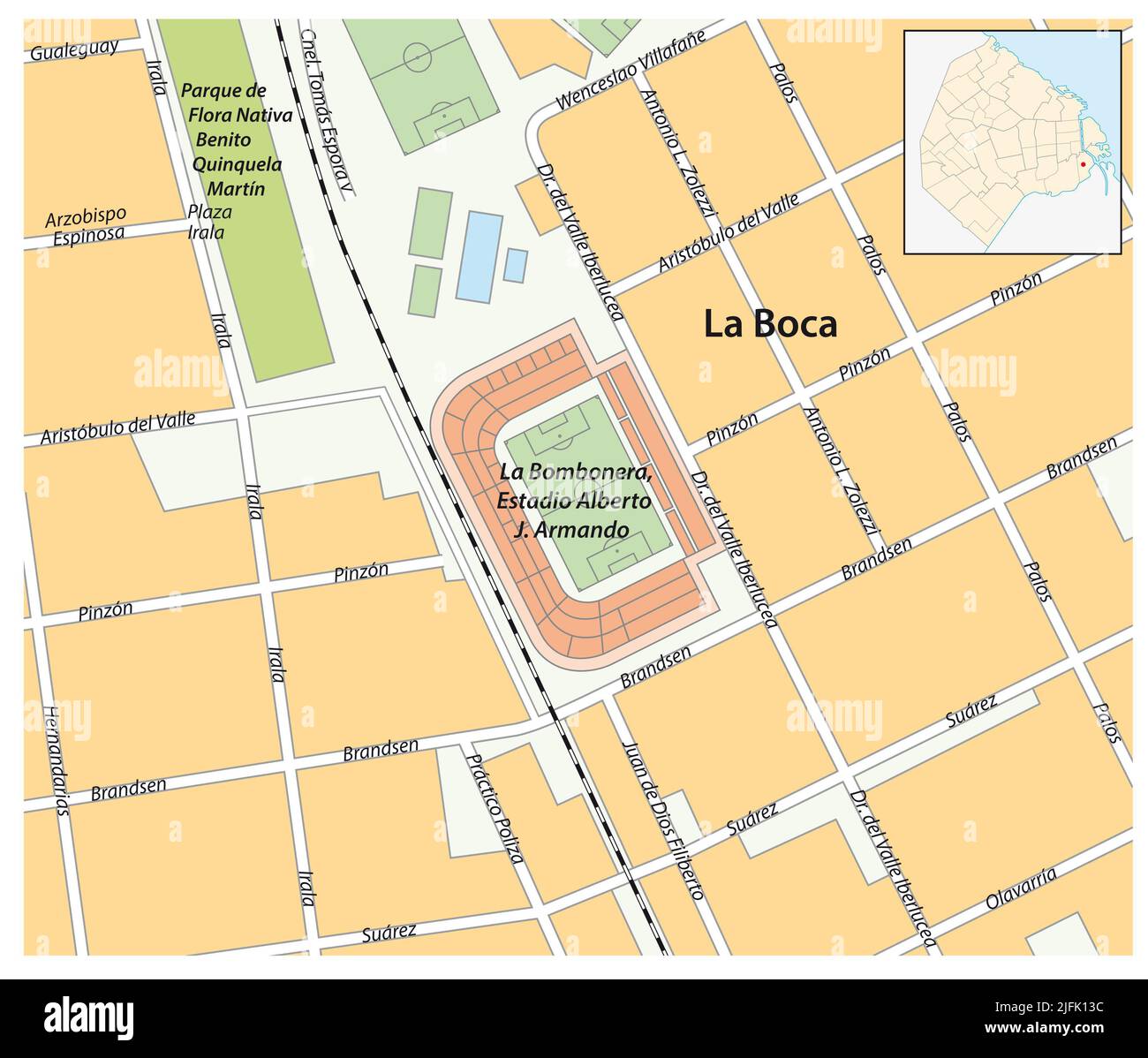 Stadio la Bombonera sulla mappa di Buenos Aires, Argentina Foto Stock