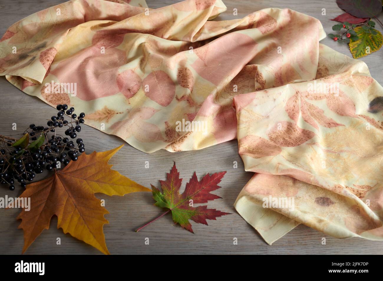 Sciarpa di seta tinta a mano circondata da bacche e foglie d'autunno. Tecnica eco-print Foto Stock