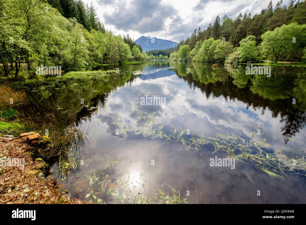 Vista lungo Glencoe Lochan e boschi con acque calme che riflettono il cielo. Glencoe, Highland, Scozia, Regno Unito, Gran Bretagna Foto Stock