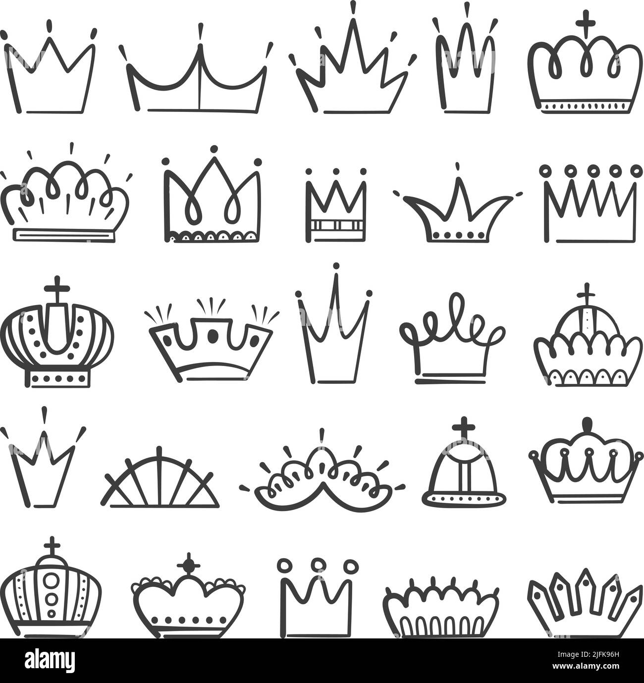 Corone isolate di doodle. Principessa corona, principe re tiara. Elementi reali di affari, logo isolato della linea della regina disegnata a mano. Decorazioni testa ragazze Illustrazione Vettoriale